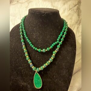 Malachite Beaded Necklace Set (2 Pieces) Layered Green Stone Necklace + Pendant